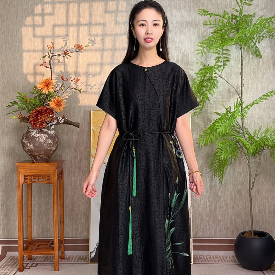 【清雅 】新中式100%桑蚕丝香云纱圆领领春夏季宽松高定连衣裙