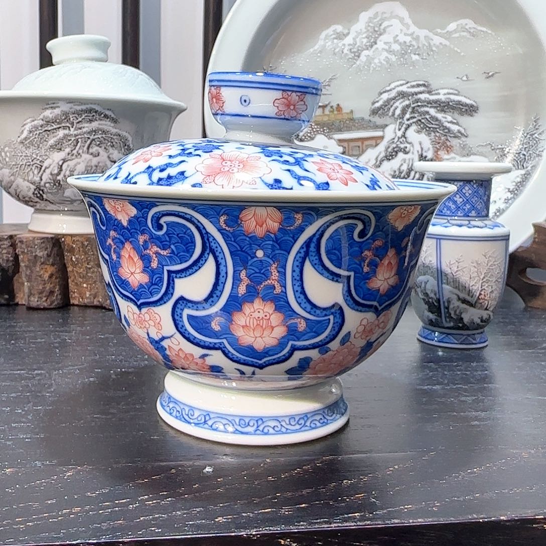 陶瓷摆件如意大盖碗海浪