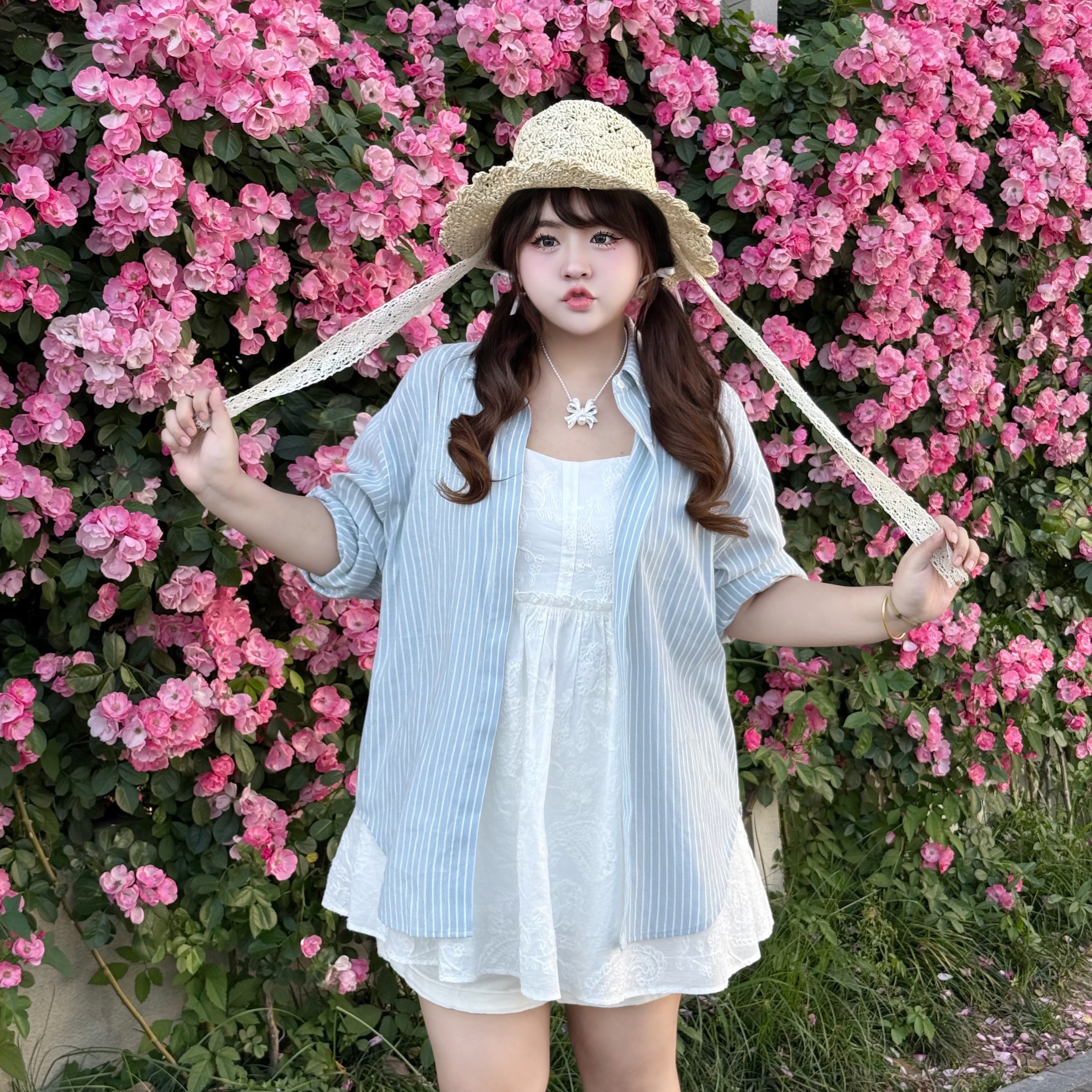 LIN/小美很忙【微风呢喃】大码女装2025夏薄款衬衫吊带裙套装WLL341