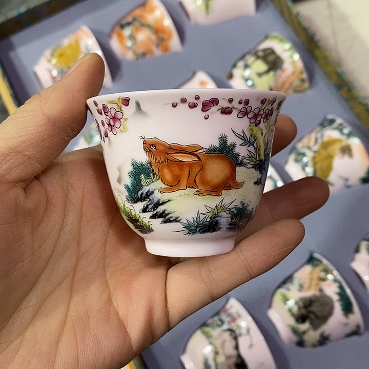摆件陶红稀土生肖兔子杯