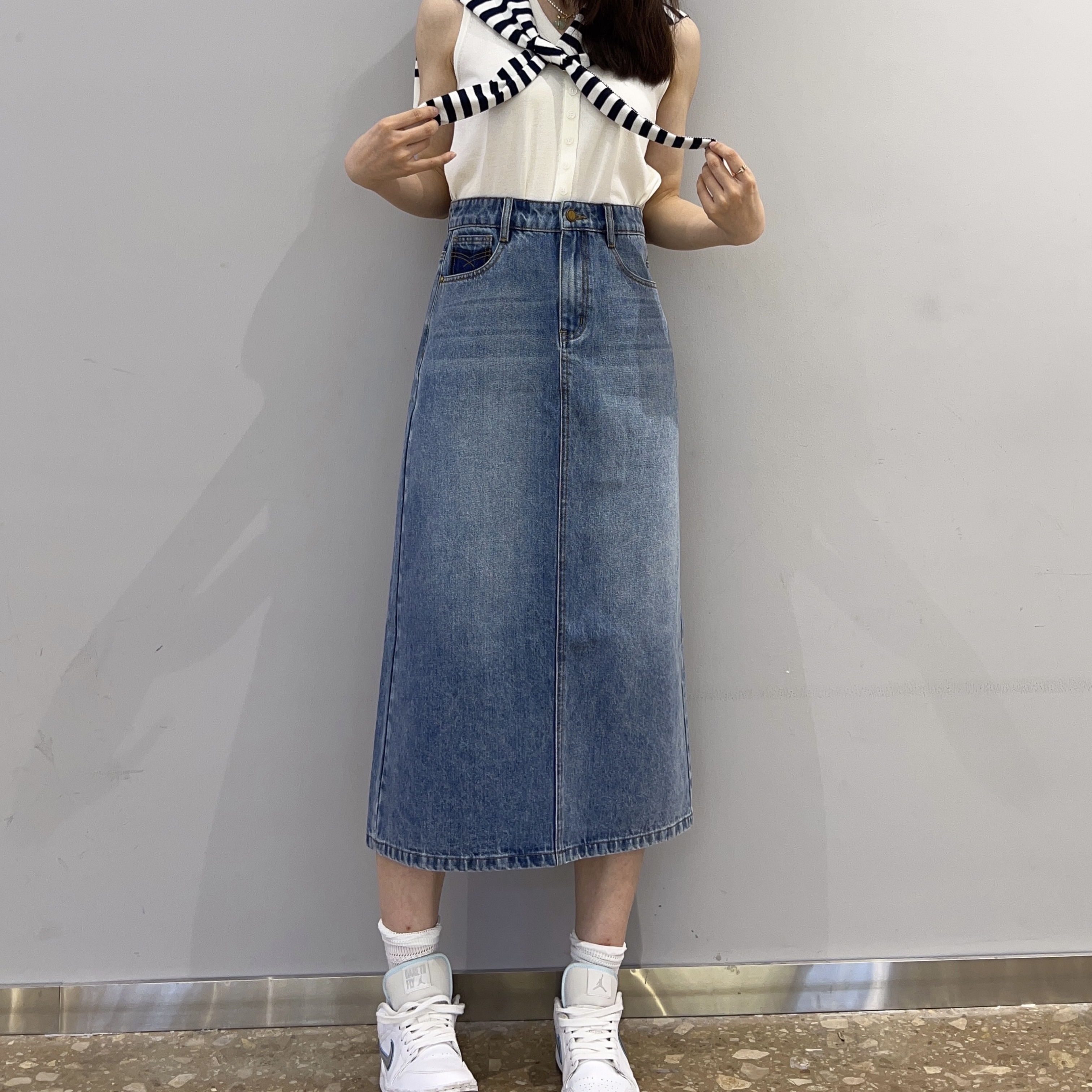 后开叉牛仔半身裙夏装新款女装百搭高腰A字半身裙显瘦长裙女 9155