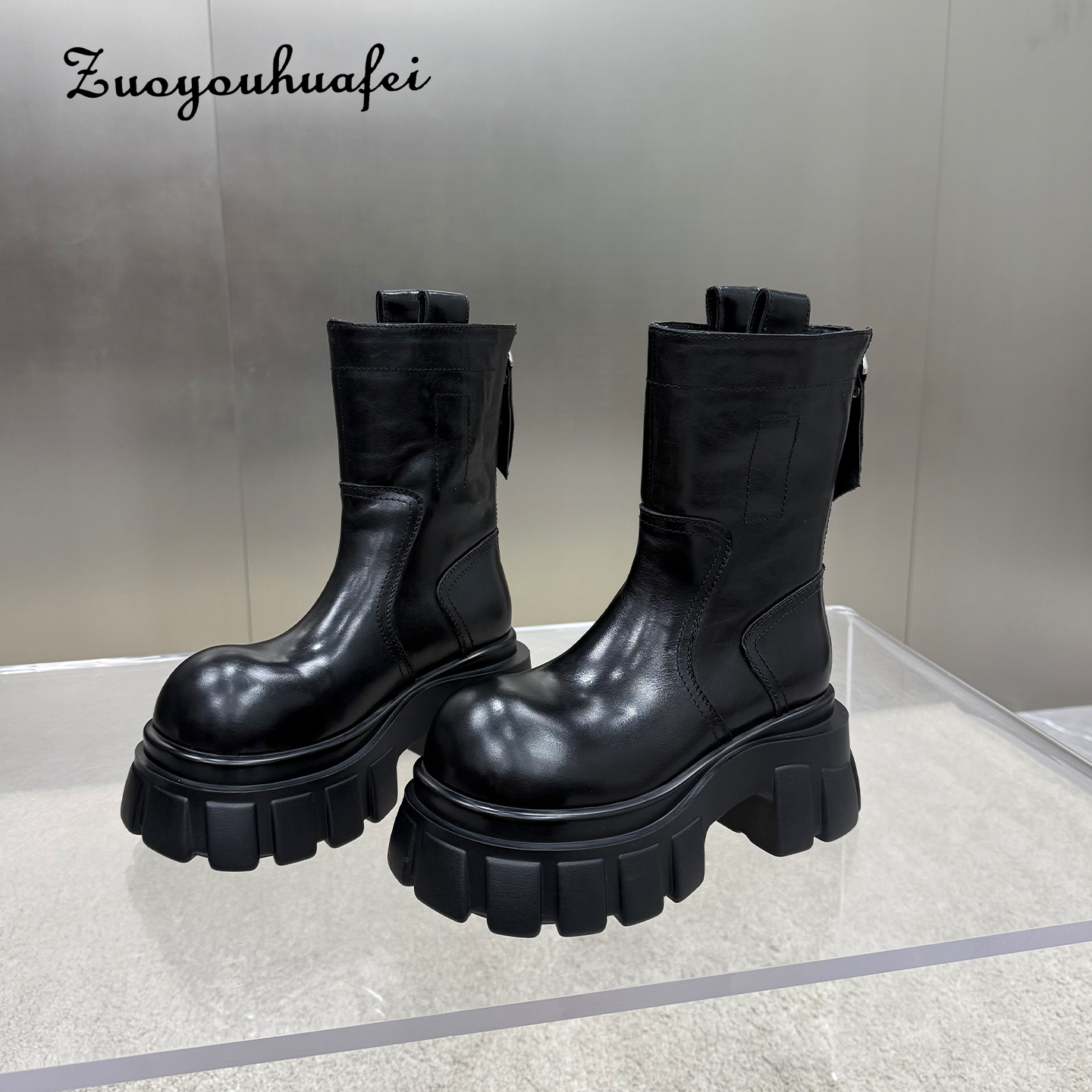 【左右华菲】7.5cm欧洲站大头真皮女厚底中筒靴2025秋冬复古切尔西