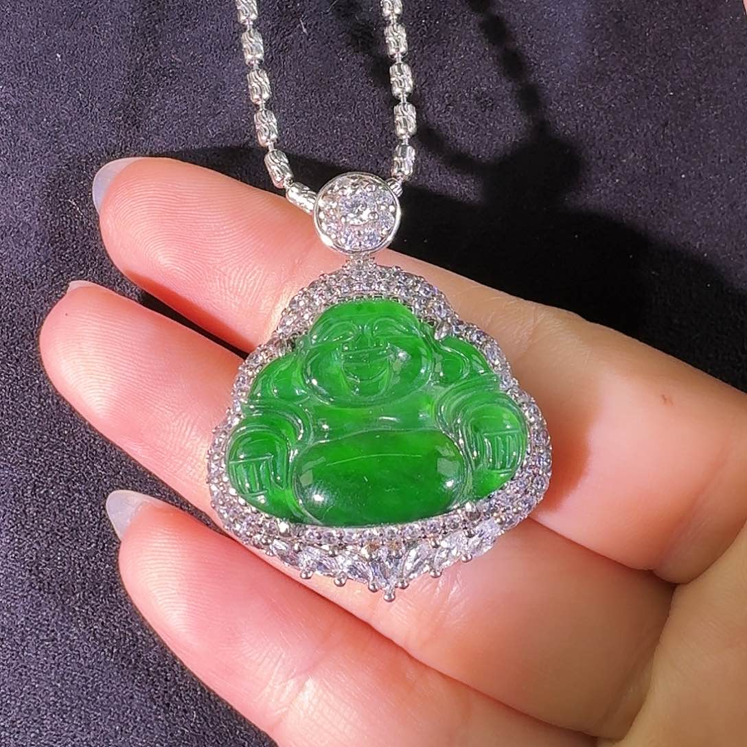 翡翠吊坠(不含链)银S925镶嵌佛公