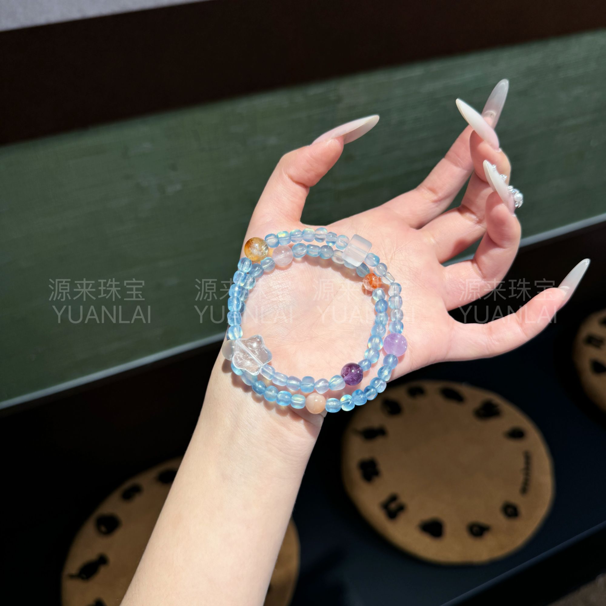 YY15 海蓝宝紫水晶白水星星胶花黄塔晶粉晶双圈手串