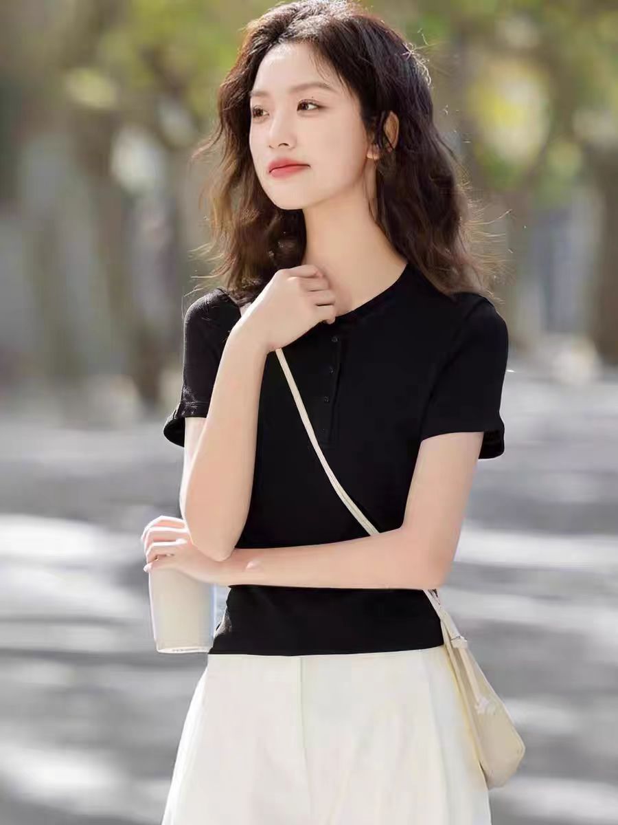 HL06-圆领修身短袖T恤女夏新款显瘦百搭半袖上衣绿色体恤潮