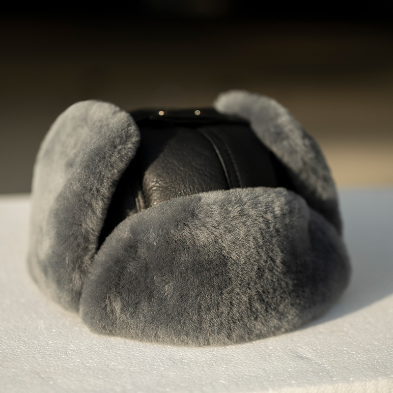 冬季皮毛一体飞行帽户外防风雷锋帽保暖厚黑灰保暖帽