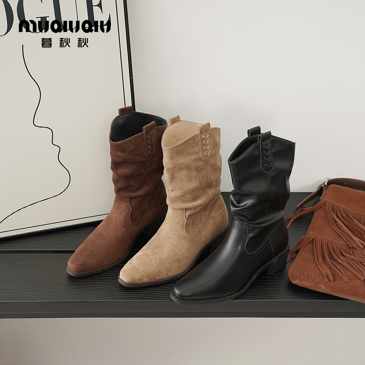 暮秋秋2025秋季新款流光风中筒西部靴时尚复古潮流粗跟尖头堆堆靴