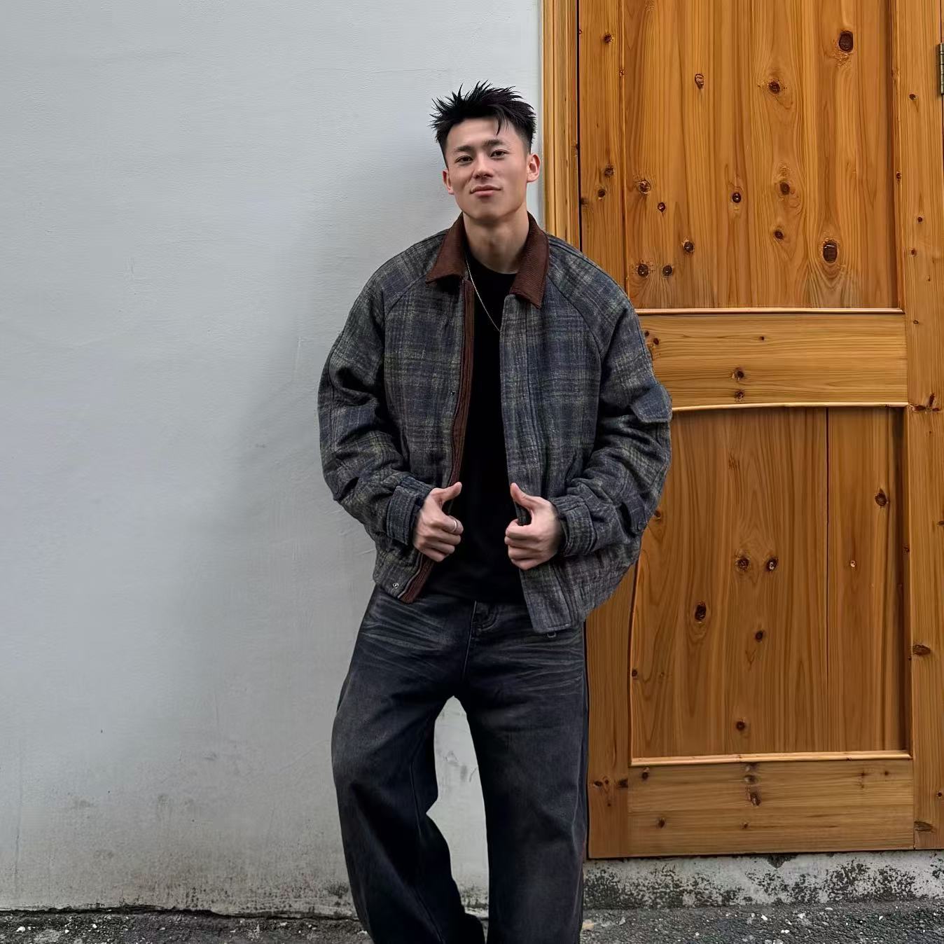 AAL2025冬季鸭绒翻领毛呢夹克港风复古做旧阔版90羽绒服加厚外套