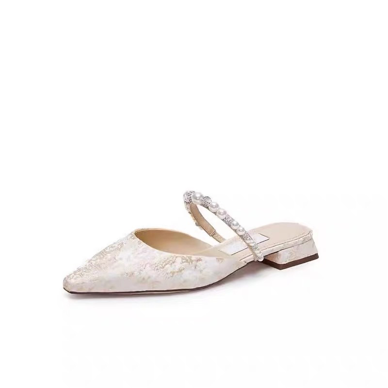 2025春夏新款仙女风珍珠水钻穆勒拖鞋平底外穿女凉拖鞋 EA406