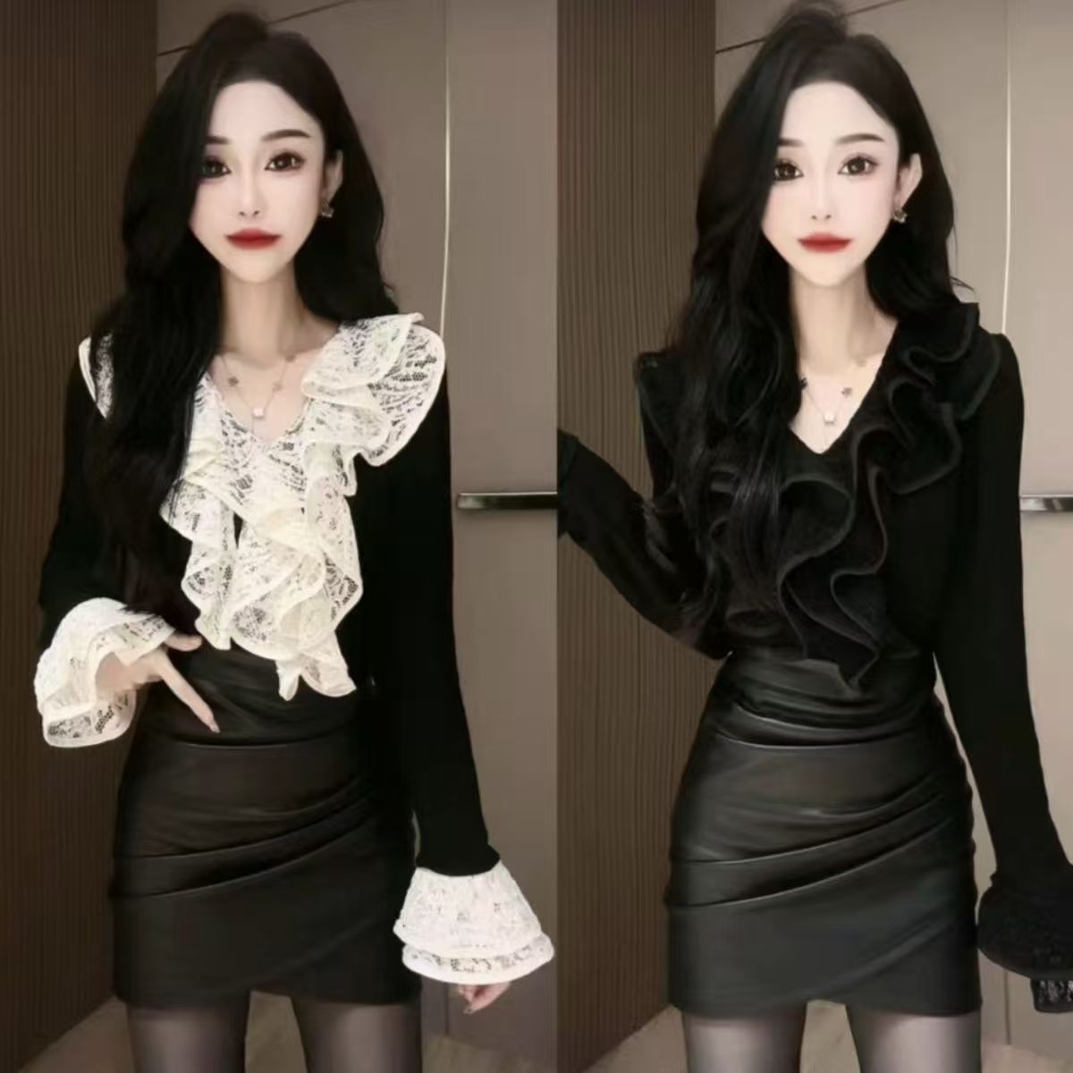 大码女装早秋新款时尚女人衫韩版洋气胖妹妹拼接蕾丝长袖百搭上衣
