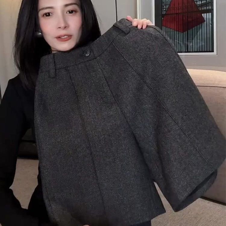 韩版气质休闲风深灰色毛呢裤子春秋冬新款五分裤轻熟感保暖裤子女
