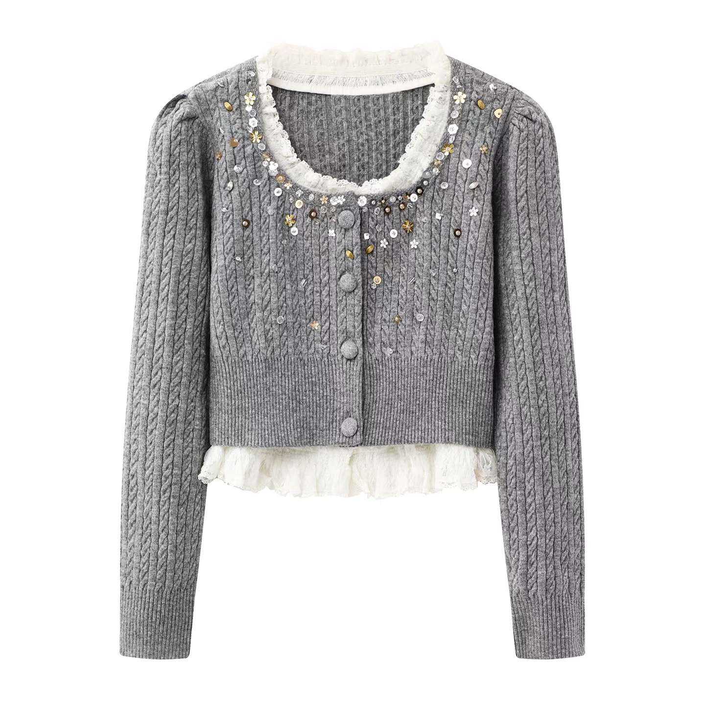 【T007】2025冬季新款蕾丝拼接假两件针织开衫