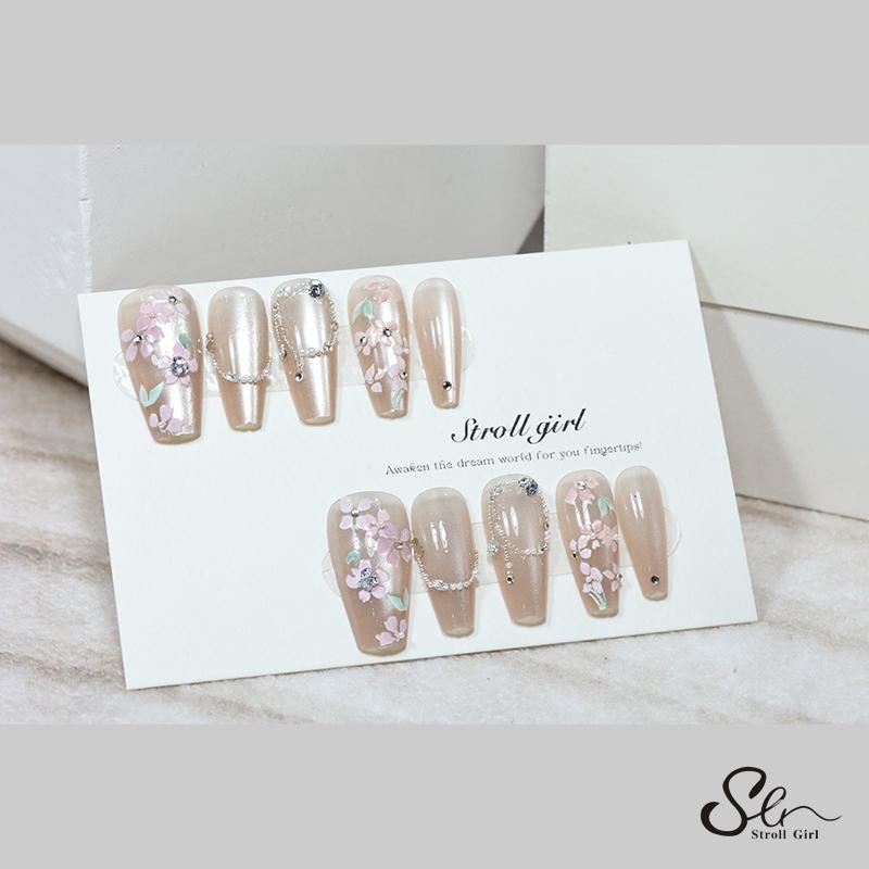 F8 【繁华】穿戴甲纯手工高级氛围感冰透裸色法式珍珠手绘款美甲