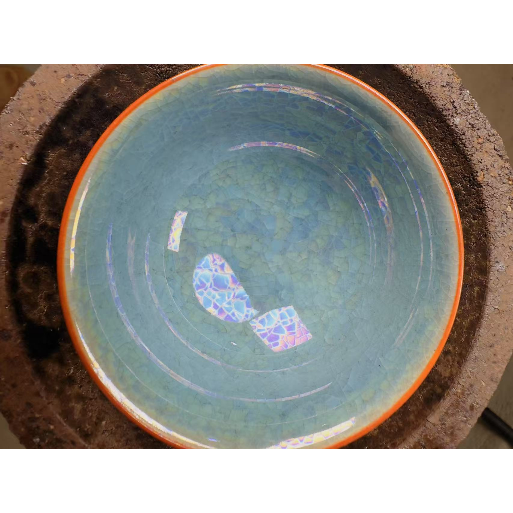 建窑建盏 七彩蓝冰裂盏