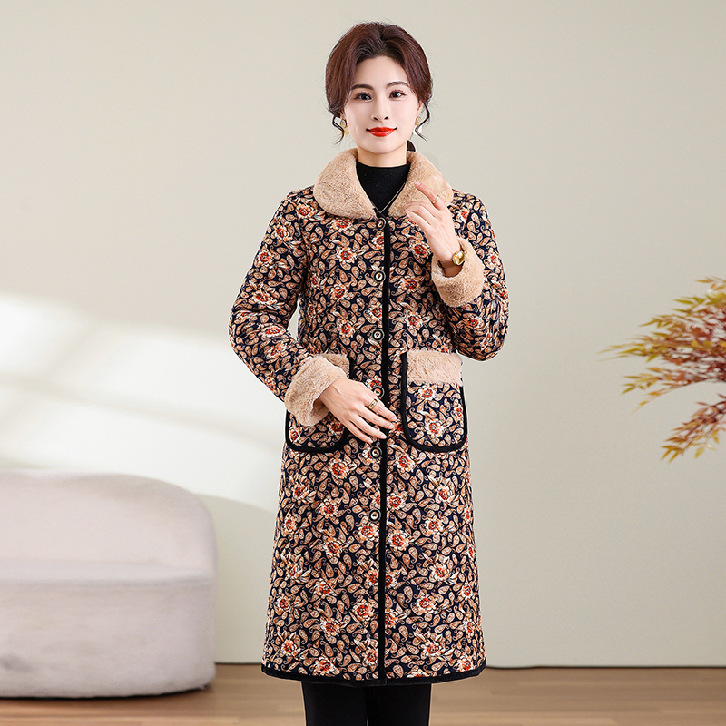 2025冬季新款妈妈翻领中长款棉服加绒加厚休闲棉服外套