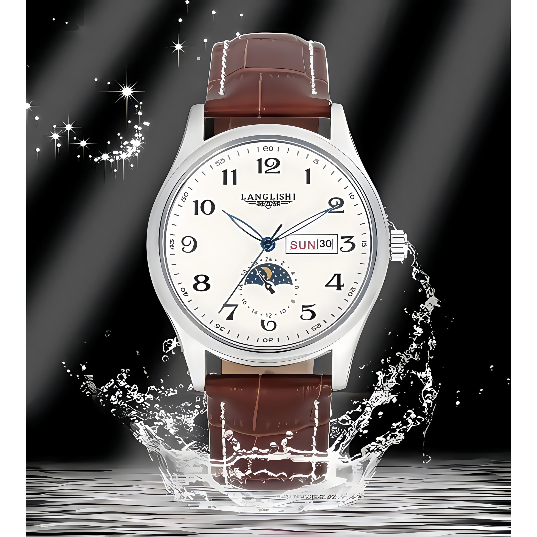【云仓直发】男士经典白盘月相棕皮蝴蝶扣夜观手表时尚腕表LS008
