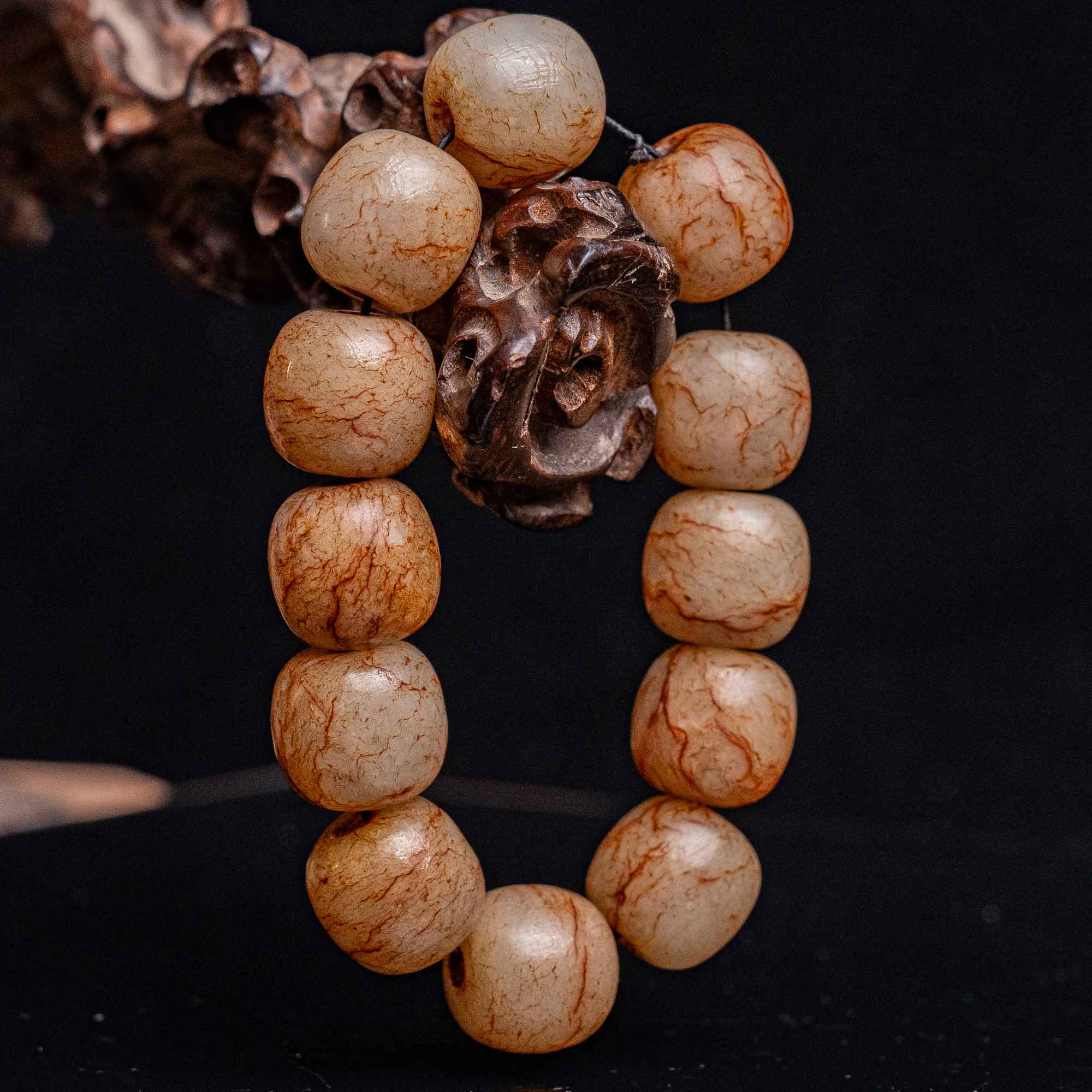 1646明代和田玉老型珠手串2448