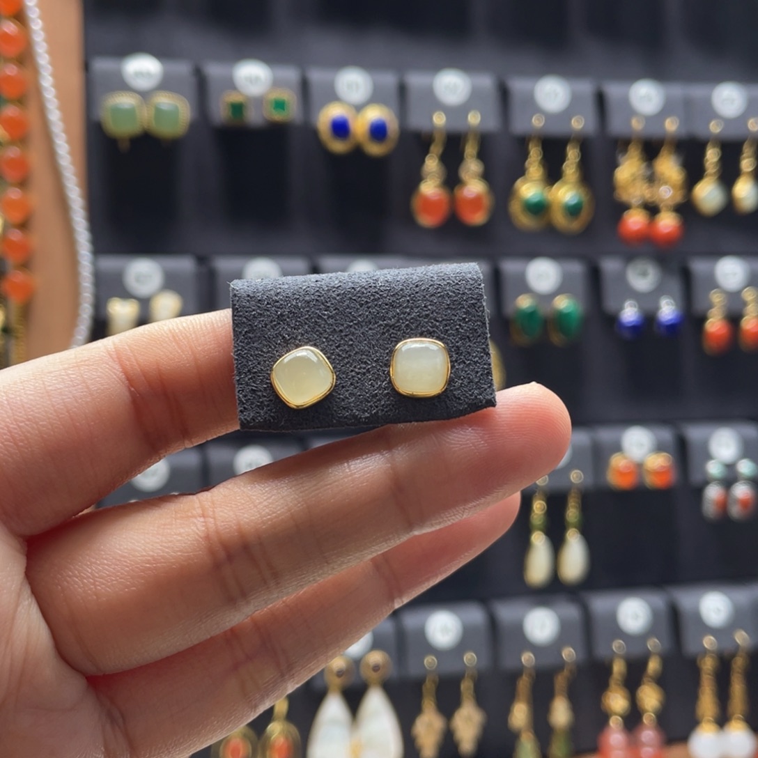 和田玉银S925镶嵌耳饰01号方糖