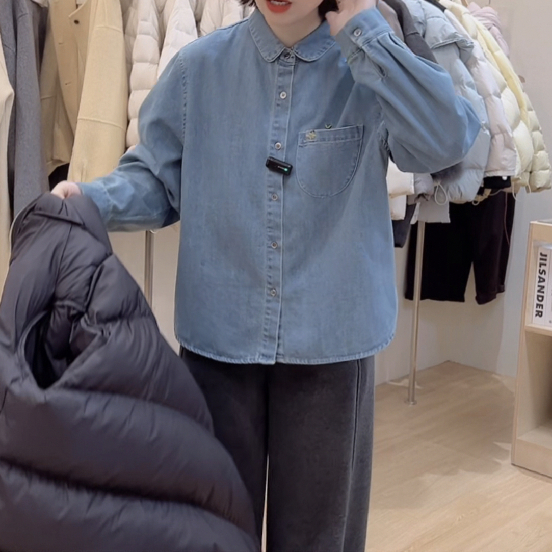 219唯阁韩系小圆领小狗刺绣牛仔衬衫磨毛2025冬季新款牛仔衬衫
