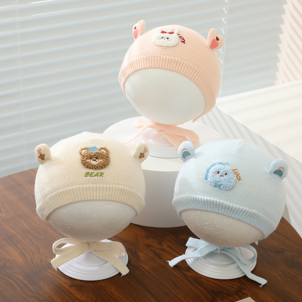 新生儿秋冬针织护耳帽男童女宝宝卡通可爱毛线小月龄保暖婴儿帽子