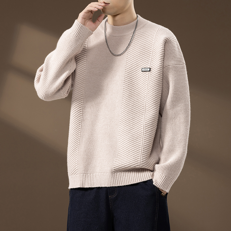 男士秋季新款中领针织套头衫纯色简约休闲菠萝纹长袖针织衫25617