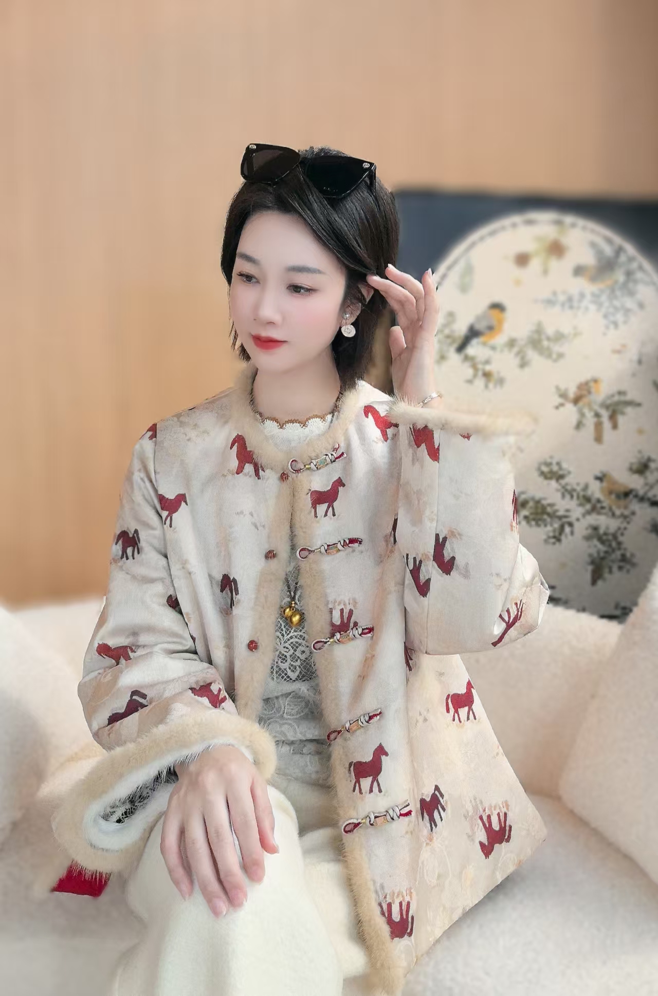 【鸿运马】墨墨高定香云纱水貂毛新中式国风棉袄女装双穿保暖外套