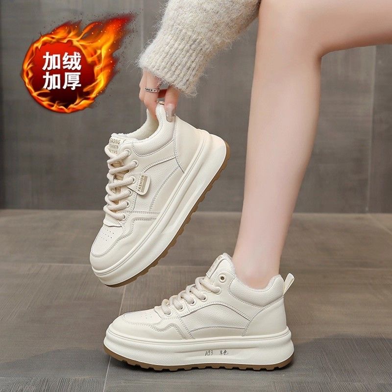 现货+运费险 2025冬季新款厚底高帮加绒加厚纯色小白鞋女