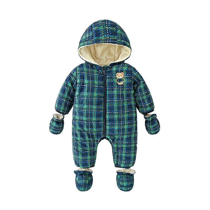 婴儿冬装全包连帽连体衣加绒夹棉加厚爬服男女宝宝外穿防寒棉袄