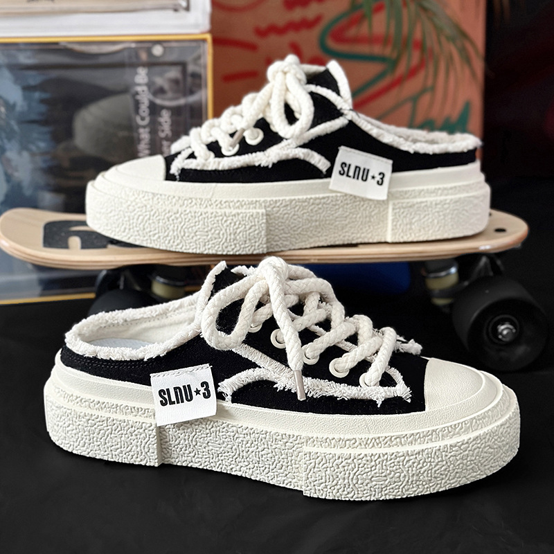 【情侣款：35码-44码】半拖帆布鞋男女夏季网红无后跟乞丐一脚蹬拖鞋