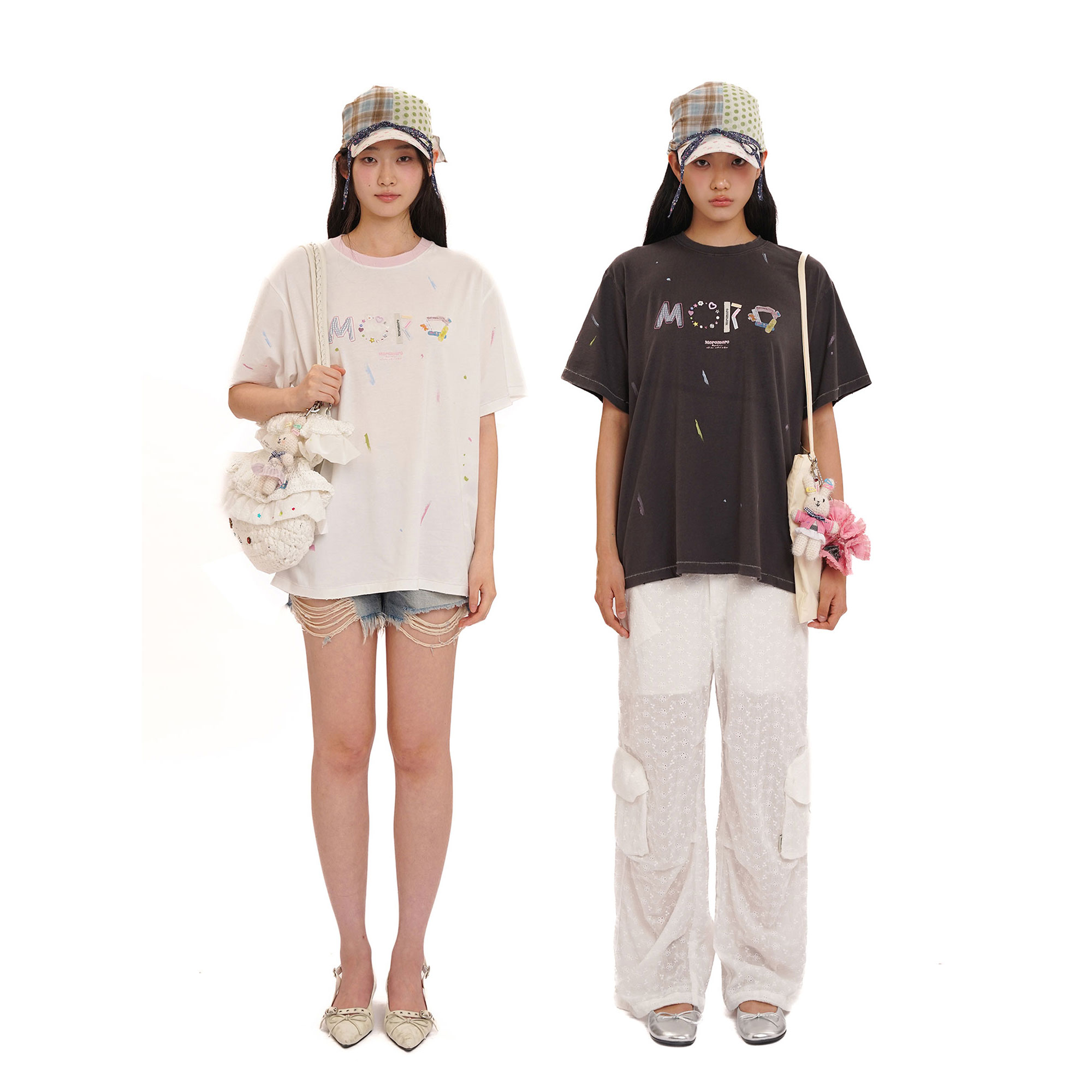 【东山口】Moromoro拼接彩色烫钻泼墨撞色圆领宽松复古短袖T恤上衣