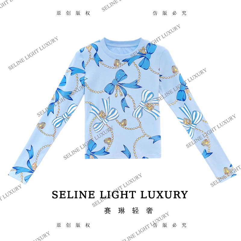 【25Q-631】海 2025 SELINE 新款珍珠蝴蝶结印花时尚轻奢气质长袖
