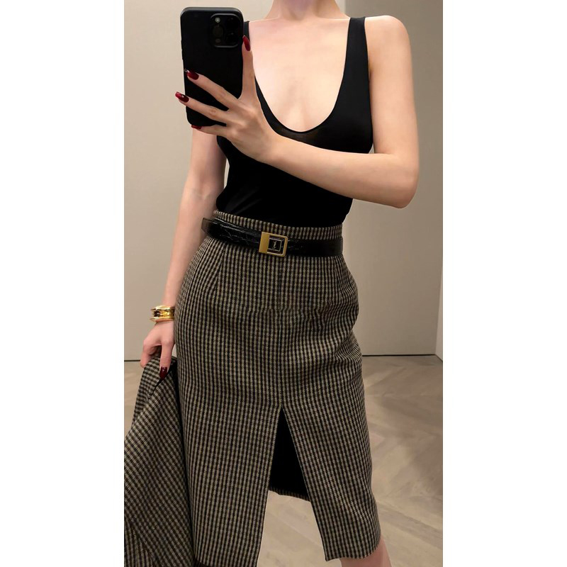 气质高腰前开叉御姐范包臀裙女秋季新款复古百搭格纹呢子直筒裙