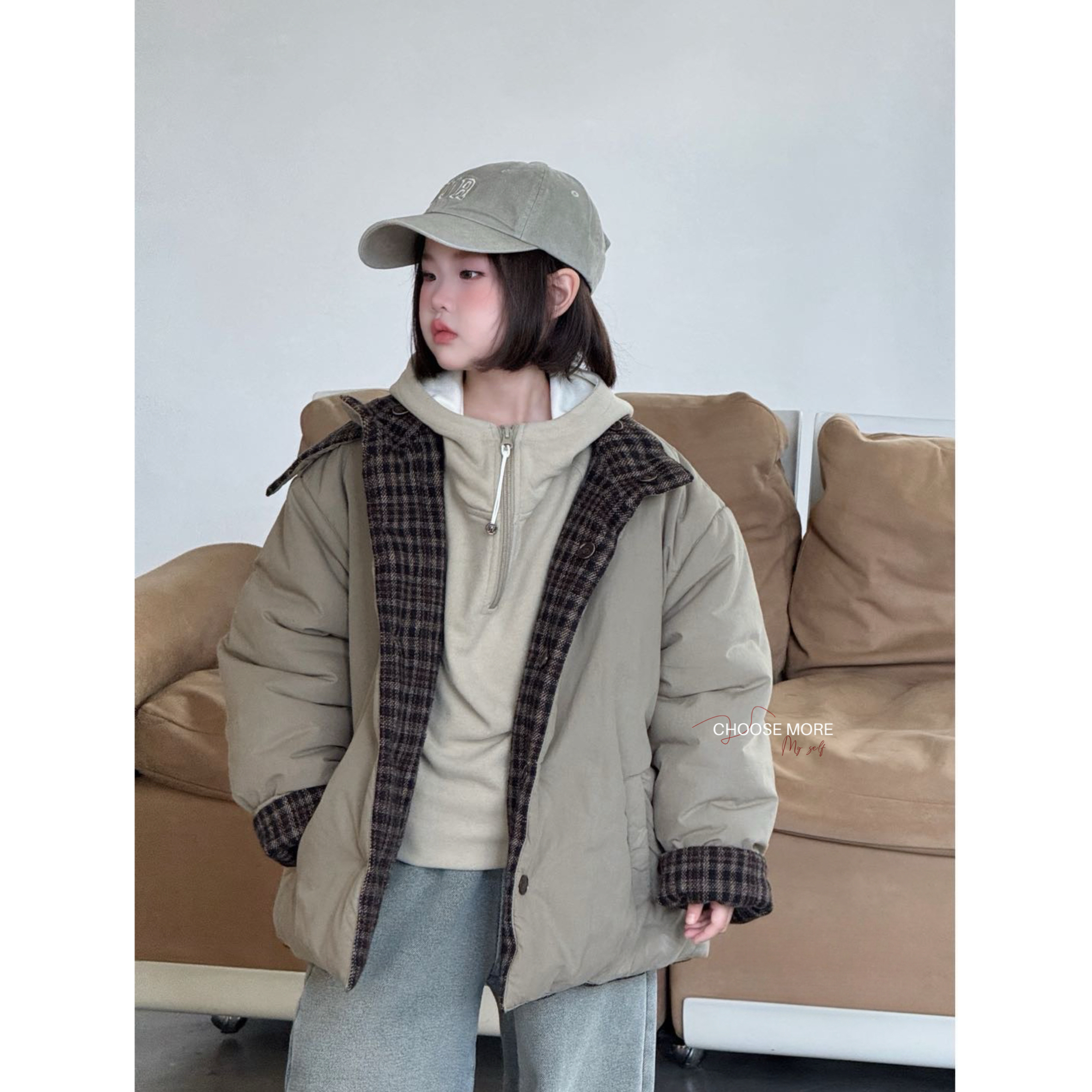 【冬品】CHOOSEMORE“ 双面绿”两面穿格棉服带帽德绒小衫手绘牛仔裤