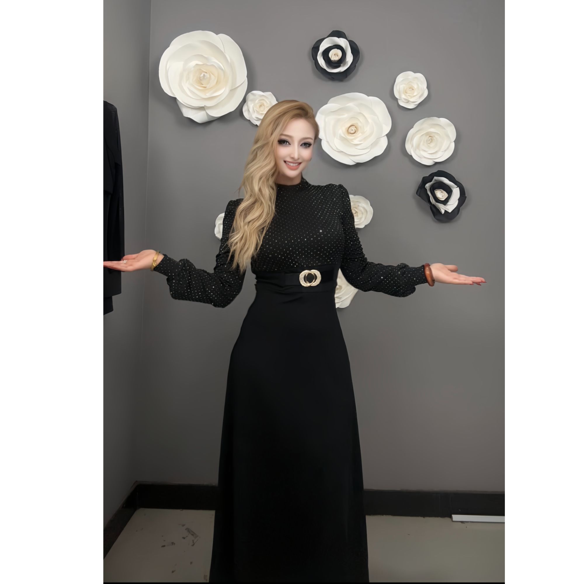 9885【包邮】高级时尚烫钻拼接气质连衣裙