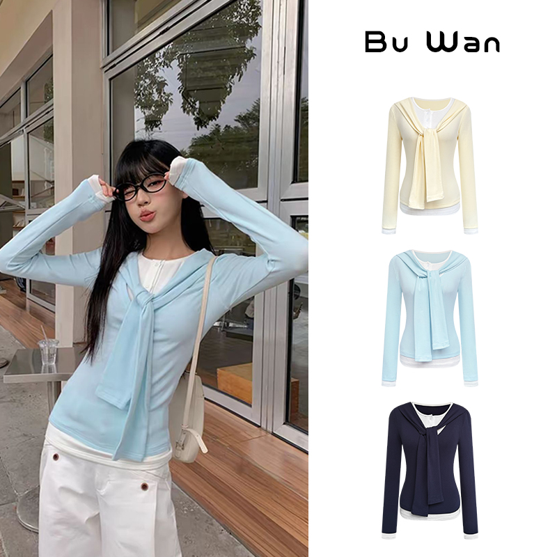 早春浪漫春季薄款修身显瘦假两件长袖内搭休闲打底衫上衣3345
