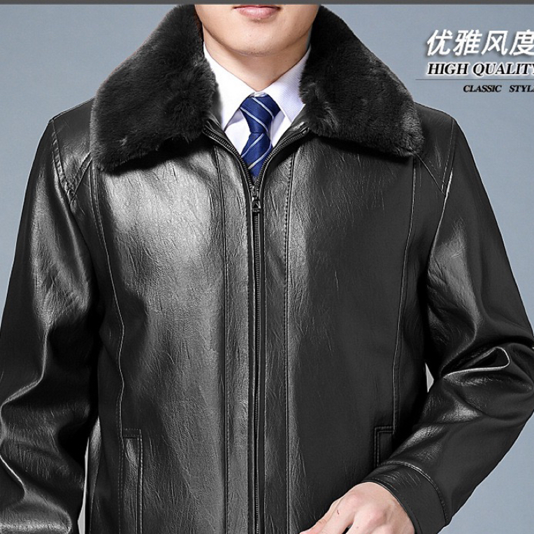 （加绒加厚）冬季加厚加绒毛领中年夹克皮衣外套中老年休闲爸爸男装