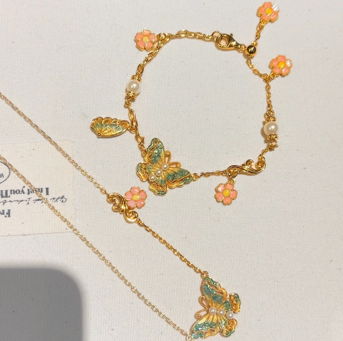 925银珐琅手链 新中式·镶嵌珐琅蓝粉蝴蝶花朵手链·项链·925银