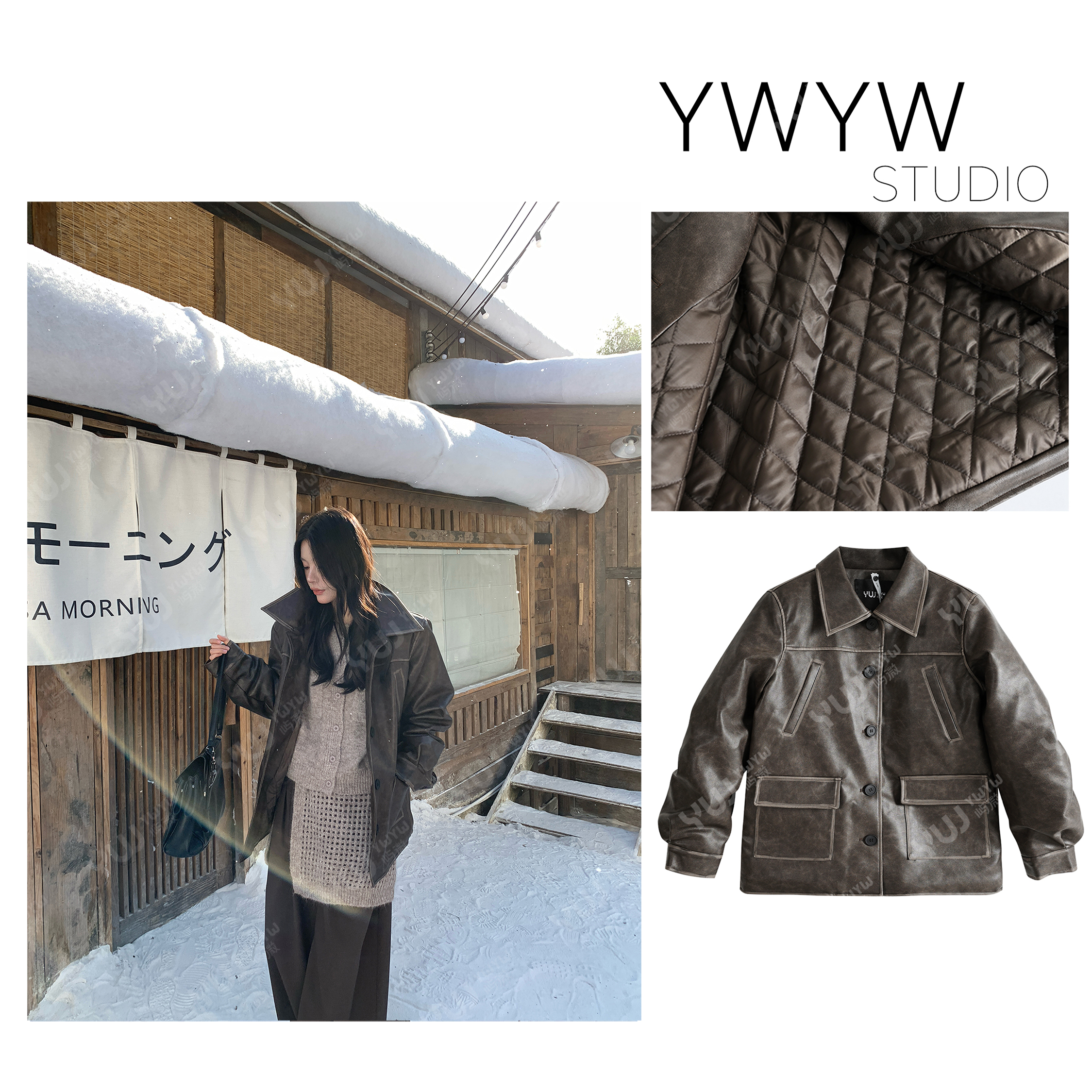 【YWYW25F/W】秋冬气质复古保暖菱格夹棉PU皮衣外套5959