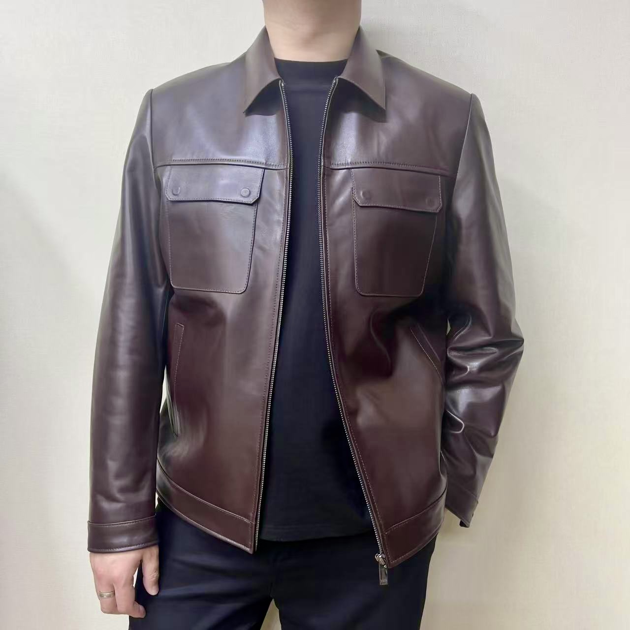 男士头层绵羊皮发布会同款翻领休闲时尚夹克外套