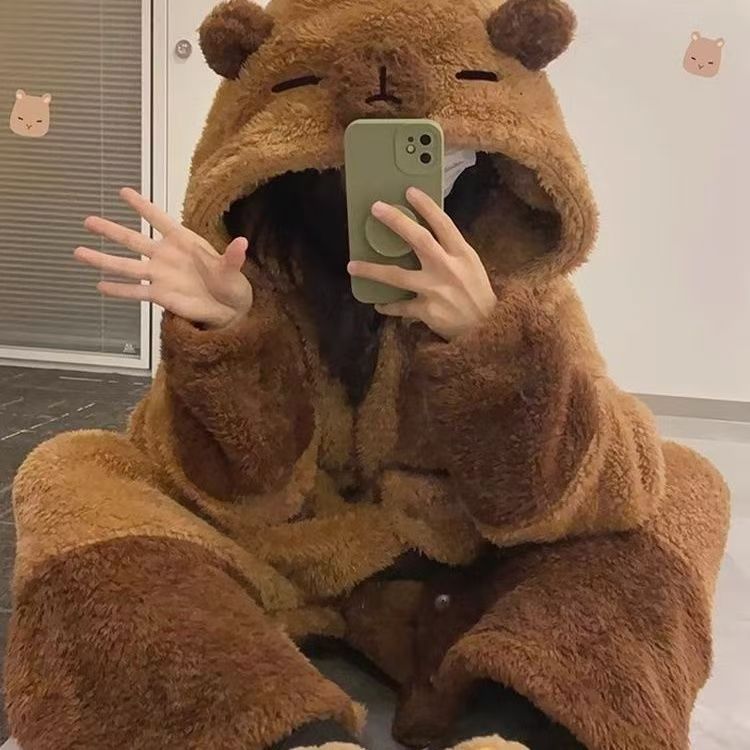 可爱卡皮巴拉女连帽长裤长袖青年厚款保暖睡衣情侣韩版家居服加厚