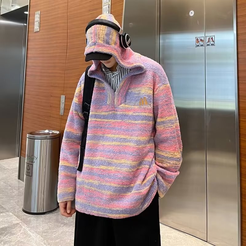 5666秋冬新款日系潮牌条纹毛衣男女慵懒宽松百搭连帽针织衫2025年