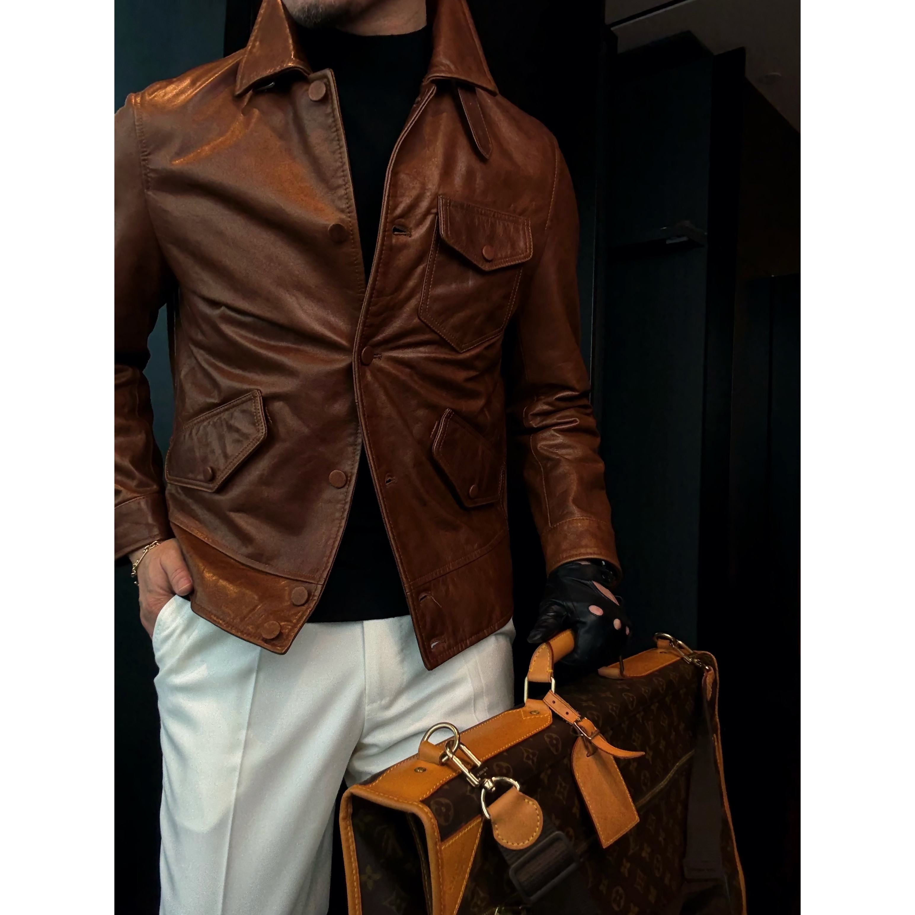 DRUNKCORNER 【绵羊皮+雪茄棕】翻领美式复古百搭男士时尚皮夹克秋