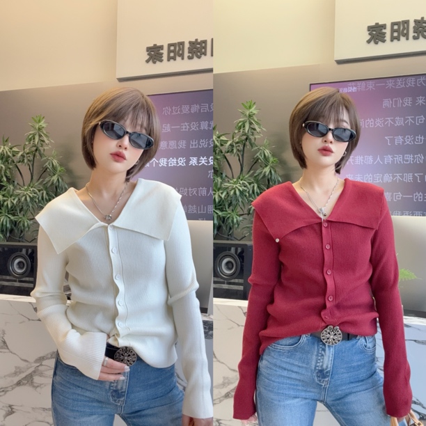 韩版大翻领长袖百搭气质针织衫毛衣18323