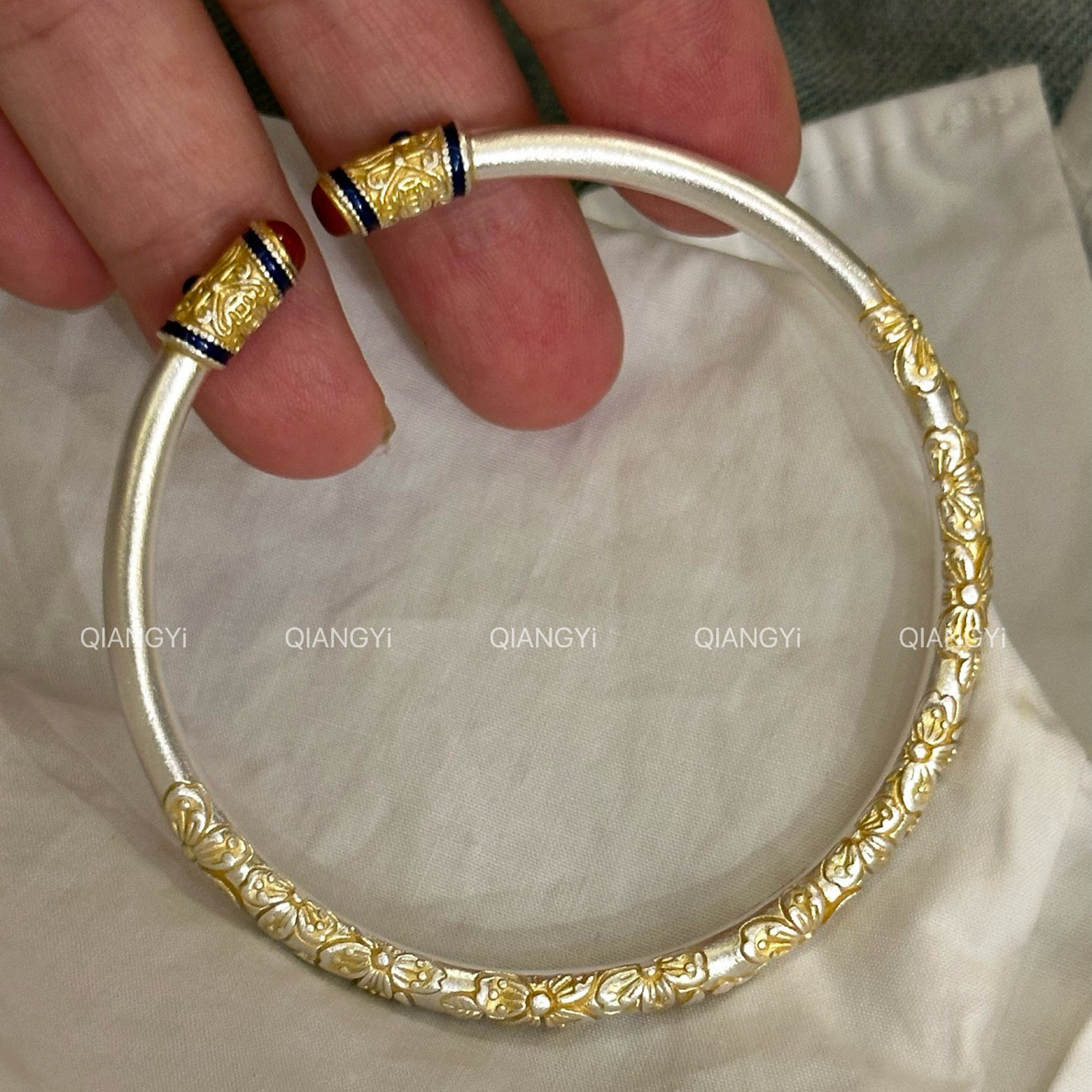 足银手镯 描金银手镯女足银9999卷草纹国风新中式古风可调节复古