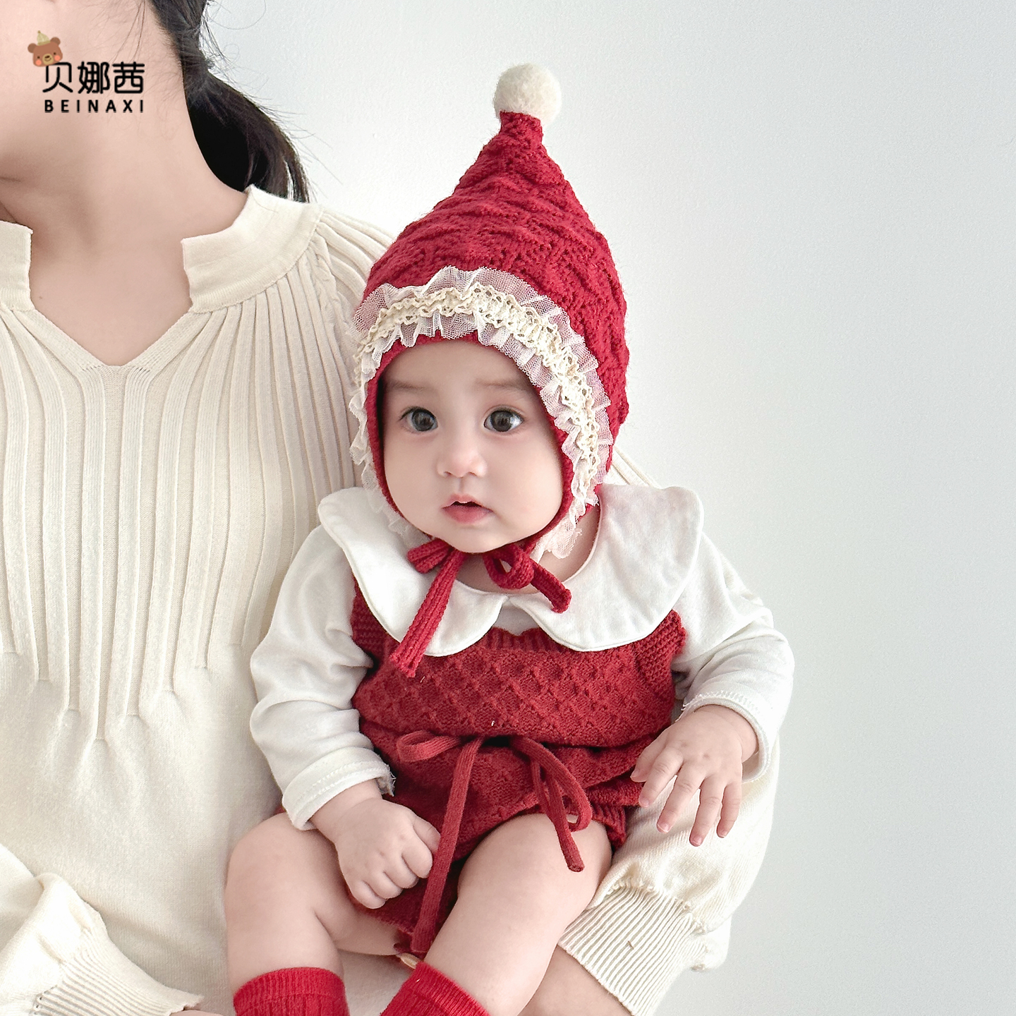 Beinaqian/贝娜茜婴儿帽子秋冬季宝宝女红色过年帽保暖针织毛线帽