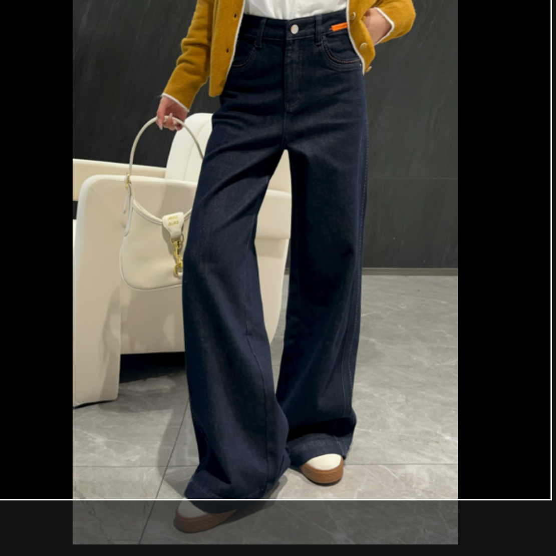 893秋冬高腰显瘦深蓝色加绒阔腿丹宁牛仔裤