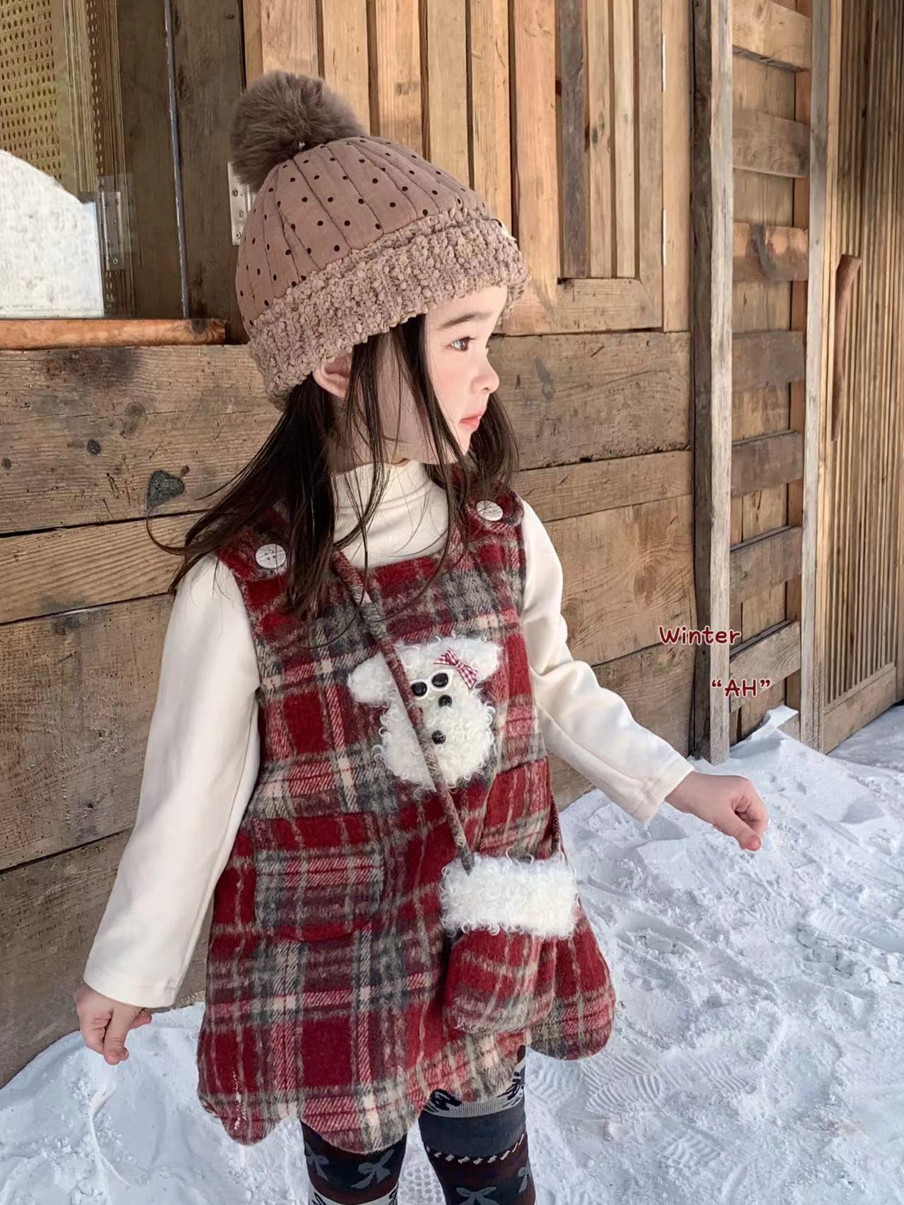 【现货】女童红色卡通格子背包夹棉马甲裙（AH-8159-冬A）汉服