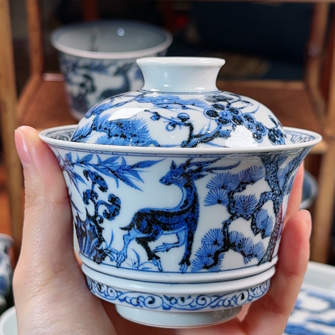 松竹梅鹿二才盖碗明续幽蓝