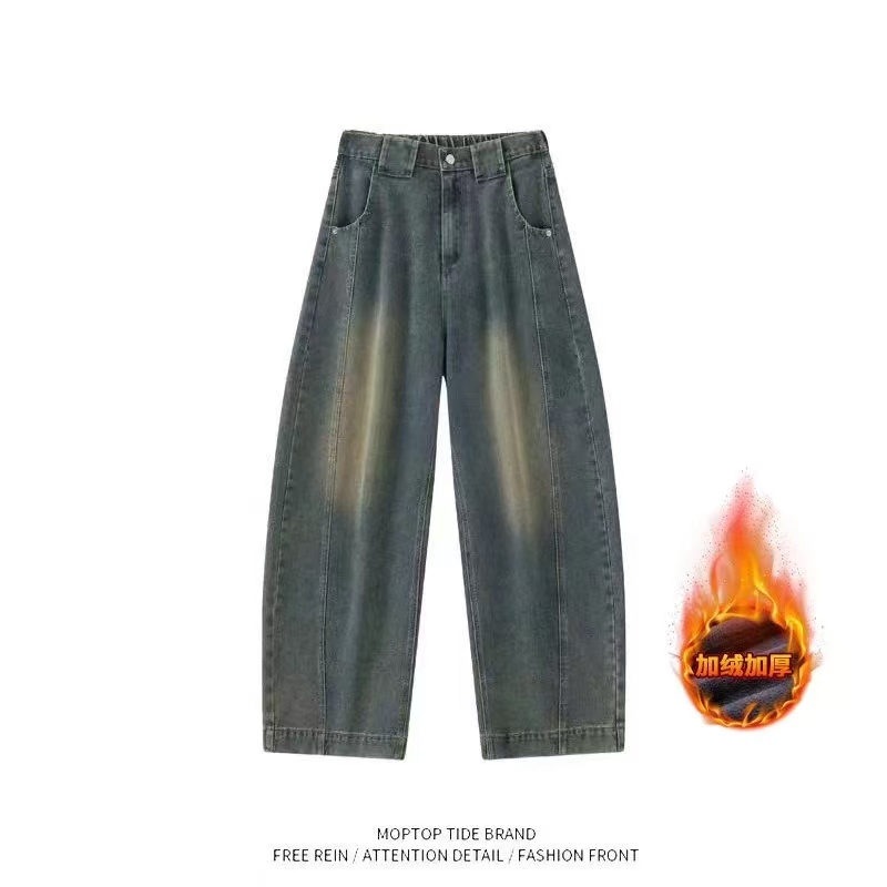 美式秋冬复古水洗做旧弯刀裤男女秋冬潮牌帅高街百搭宽松直筒牛仔