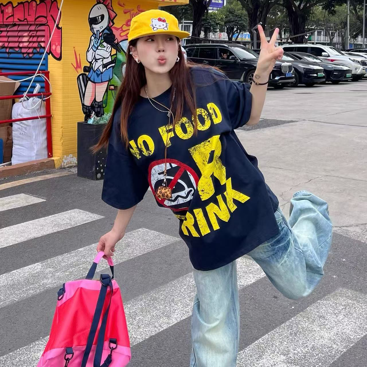纯棉美式印花短袖T恤女2025夏季新款宽松圆领上衣